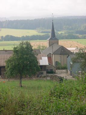 Zicht op Vogezen-bossen en kerkje van Aspach Zicht op Vogezen-bossen en kerkje van Aspach