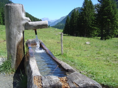 Houten waterpomp bij de weilanden in het dal